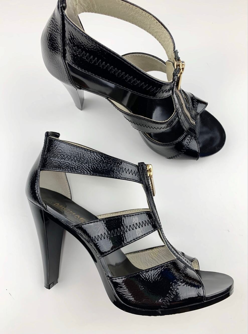 Michael Michael Kors Berkley T-Strap Sandals Black Leather Heels Zipper Womens 7